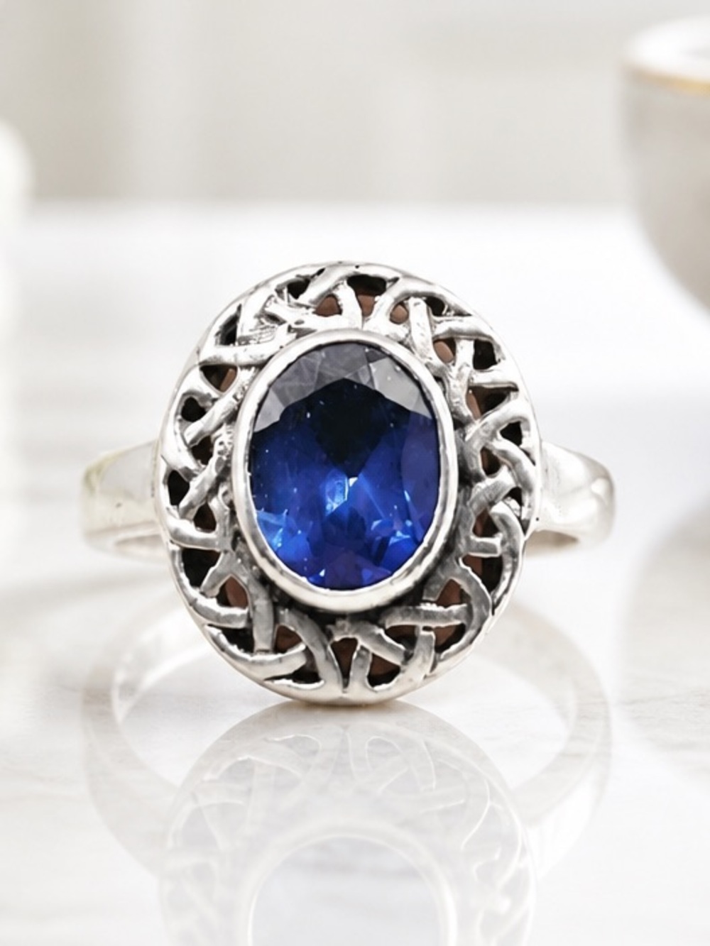 Size 6.5 Blue Sapphire 925 Sterling Silver Celtic Ring